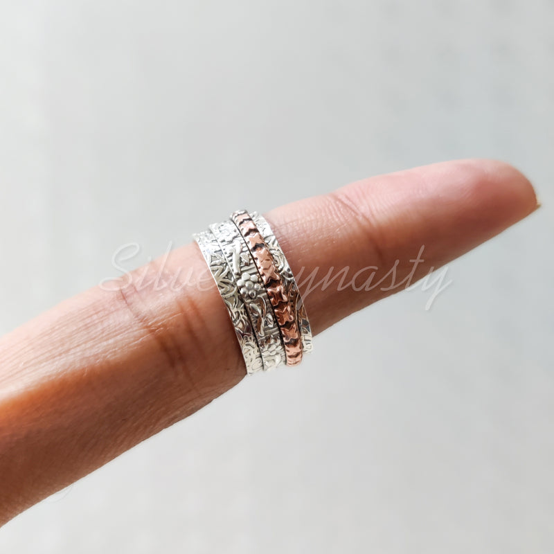 Spinner Ring, 925 Solid Sterling Silver Band, Silver + Copper Spin