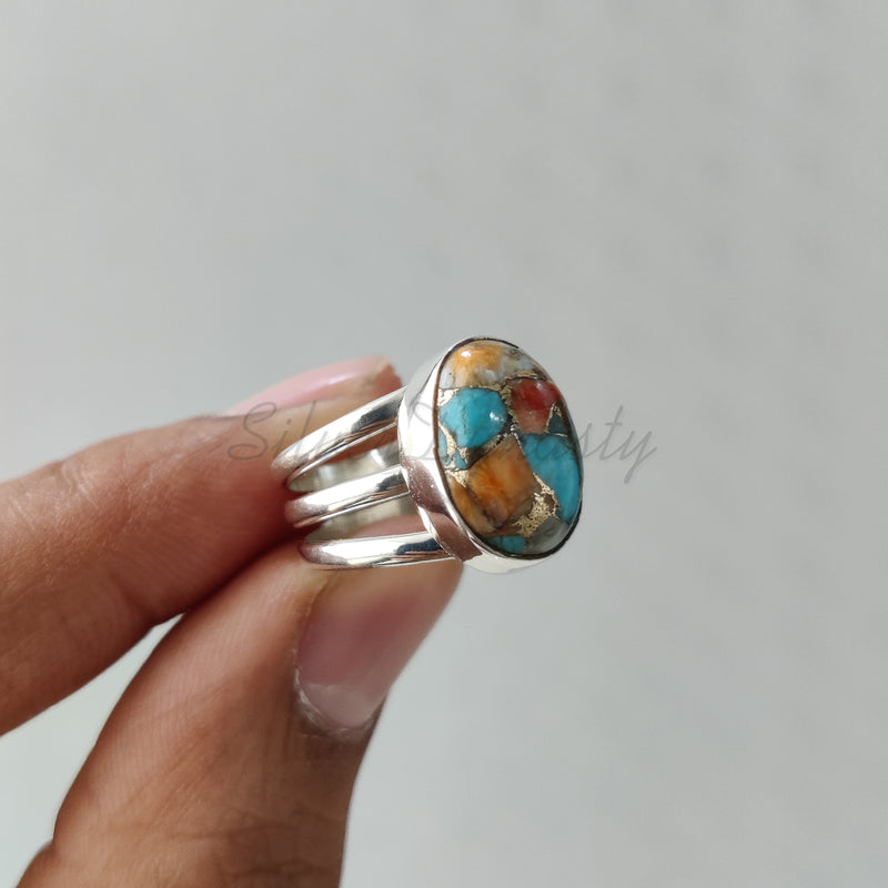 'Big' Oyster Copper Turquoise 925 Solid Sterling Silver Ring