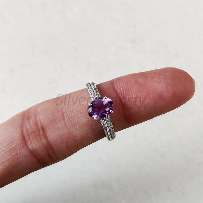 'Boho' Multistone Amethyst and Zircon 925 Solid Sterling Silver Ring