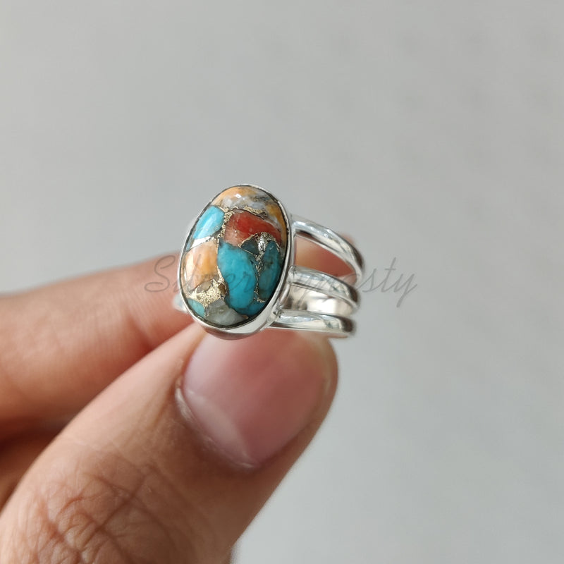 'Big' Oyster Copper Turquoise 925 Solid Sterling Silver Ring