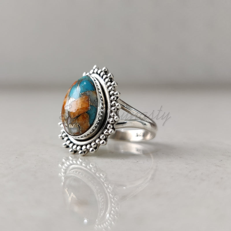 'Big' Oyster Copper Turquoise 925 Solid Sterling Silver Ring