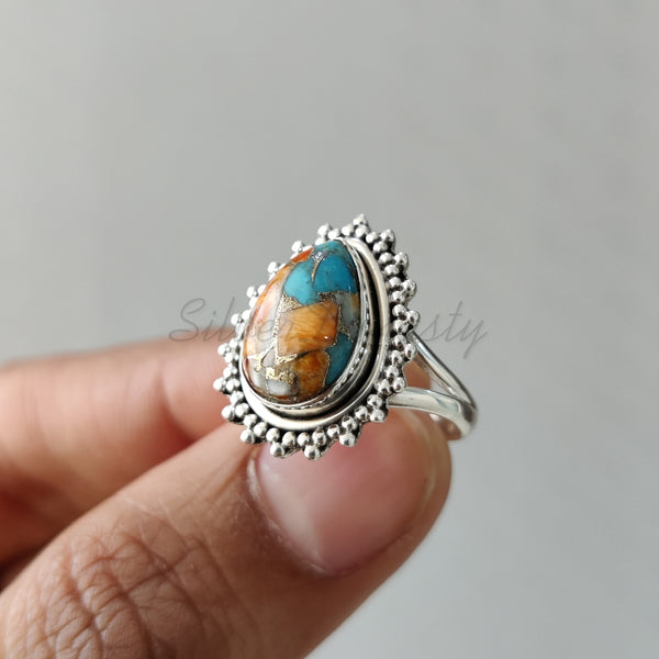 'Big' Oyster Copper Turquoise 925 Solid Sterling Silver Ring