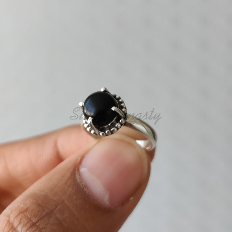 'BIA' Black Onyx 925 Solid Sterling Silver Ring Round