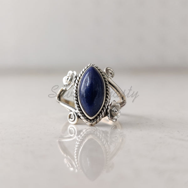 'Boho' Lapis Lazuli 925 Solid Sterling Silver Ring Marquise