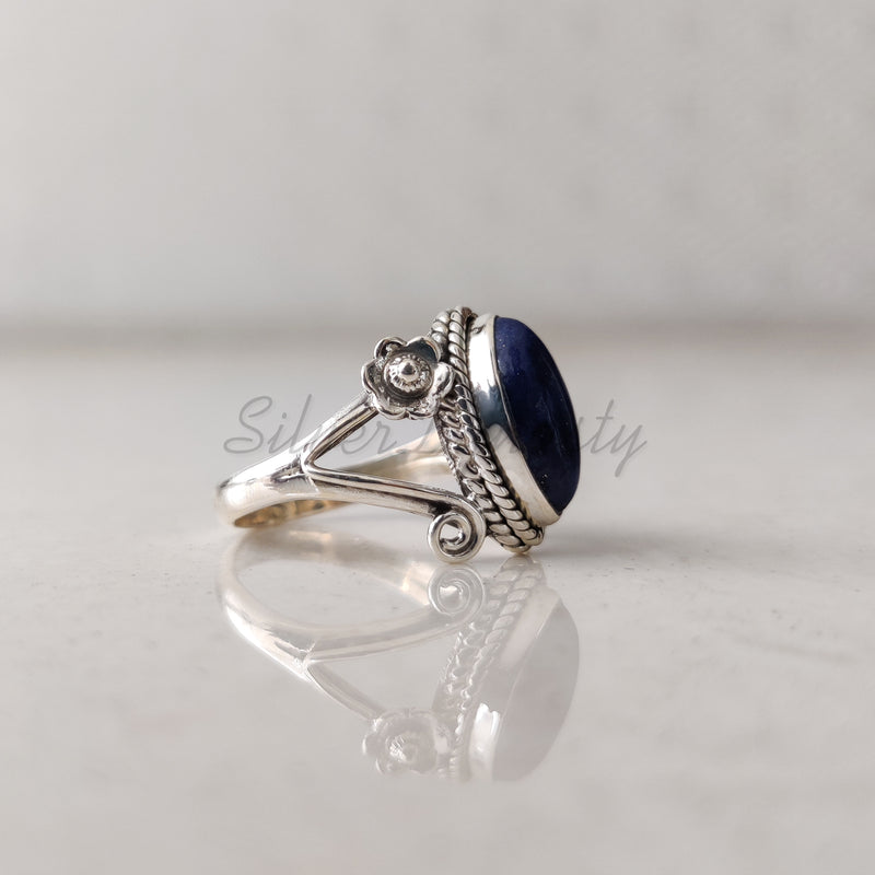 'Boho' Lapis Lazuli 925 Solid Sterling Silver Ring Marquise