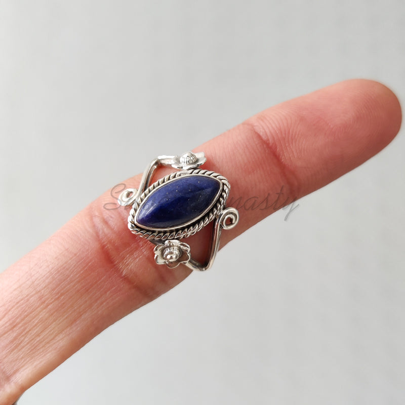 'Boho' Lapis Lazuli 925 Solid Sterling Silver Ring Marquise