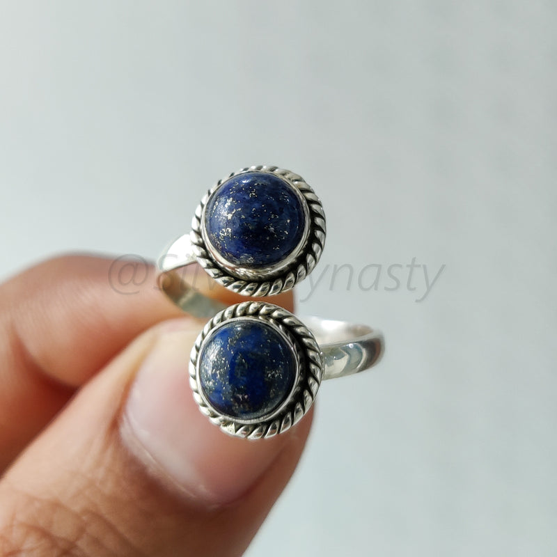 'Double Stone' Lapis Lazuli 925 Solid Sterling Silver Ring Adjustable