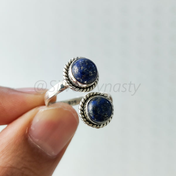 'Double Stone' Lapis Lazuli 925 Solid Sterling Silver Ring Adjustable