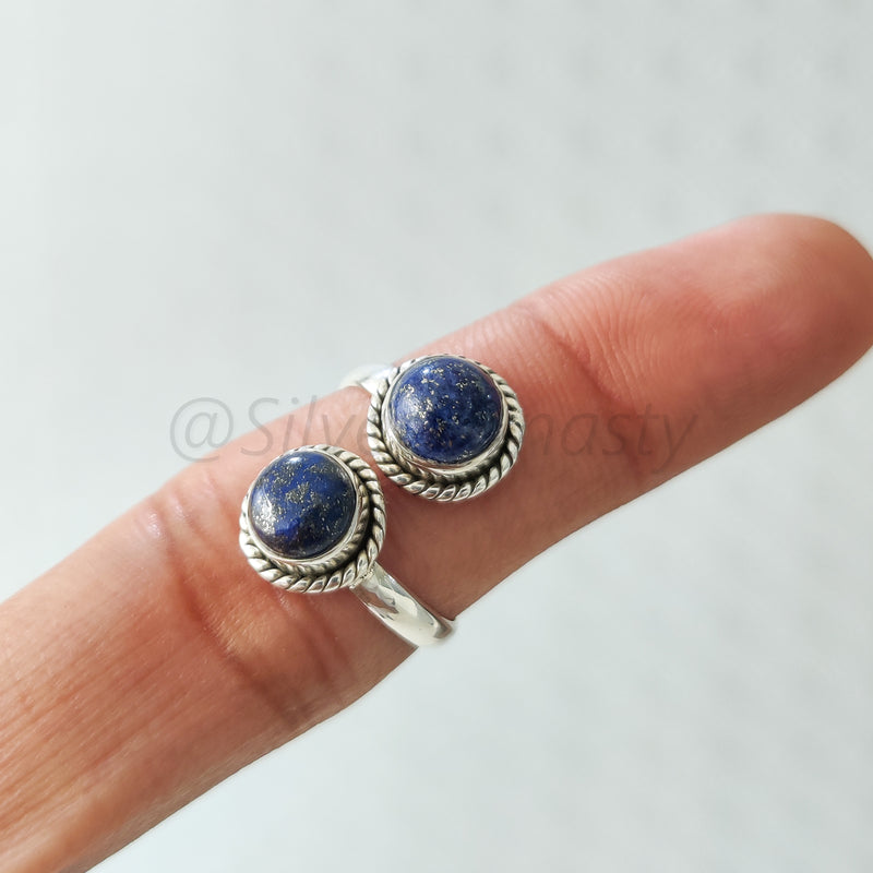 'Double Stone' Lapis Lazuli 925 Solid Sterling Silver Ring Adjustable