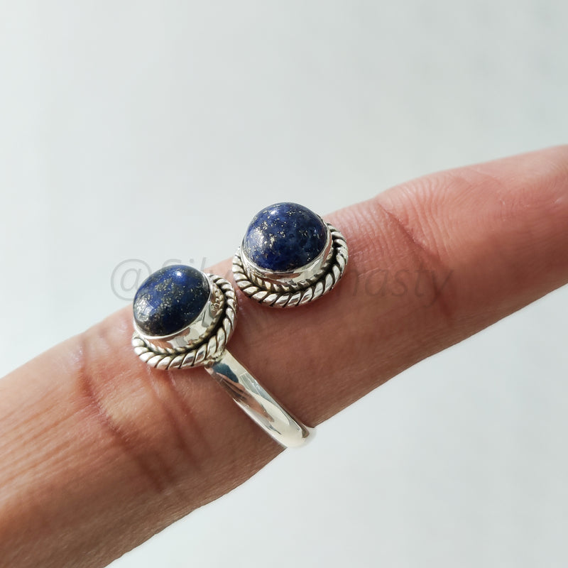 'Double Stone' Lapis Lazuli 925 Solid Sterling Silver Ring Adjustable