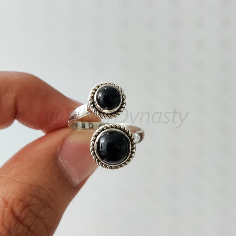 'BIA' Black Onyx 925 Solid Sterling Silver Ring Double Stone