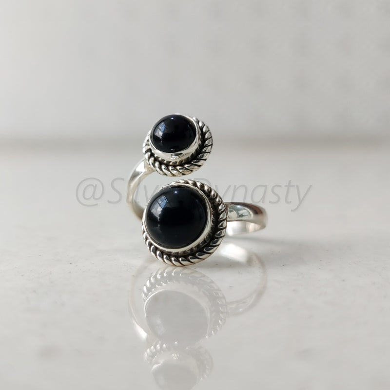 'BIA' Black Onyx 925 Solid Sterling Silver Ring Double Stone