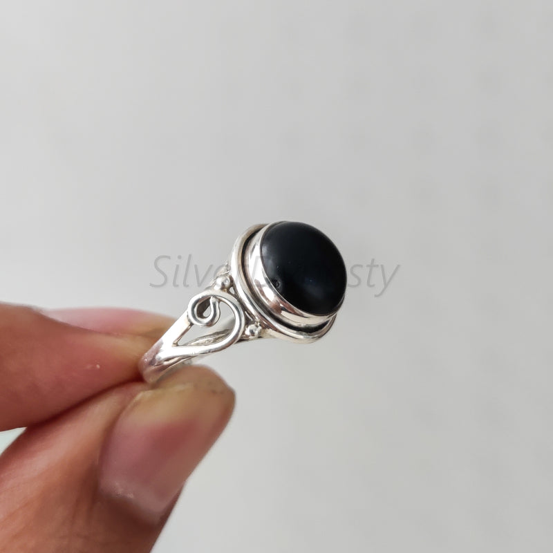 'BIA' Black Onyx 925 Solid Sterling Silver Ring Round