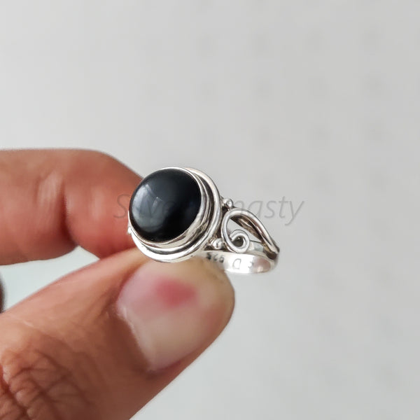 'BIA' Black Onyx 925 Solid Sterling Silver Ring Round