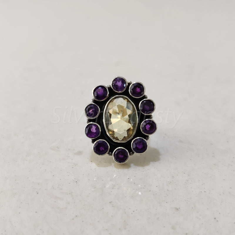 'Boho' Multistone Amethyst and Citrine 925 Solid Sterling Silver Ring