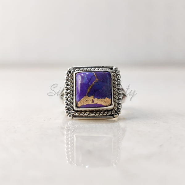 'Boho' Purple Copper Turquoise 925 Solid Sterling Silver Ring