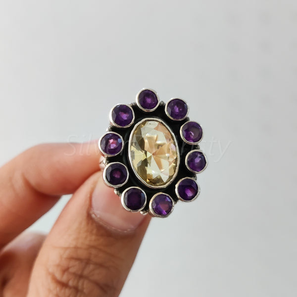 'Boho' Multistone Amethyst and Citrine 925 Solid Sterling Silver Ring