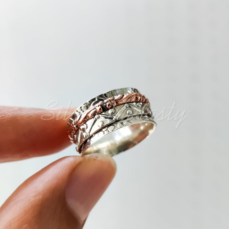 Spinner Ring, 925 Solid Sterling Silver Band, Silver + Copper Spin