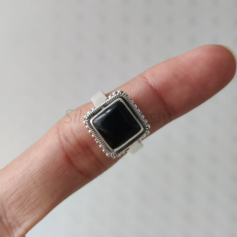 'BIA' Black Onyx 925 Solid Sterling Silver Ring Square