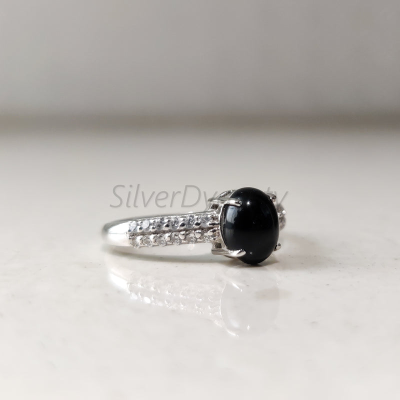 'BIA' Black Onyx and Zircon 925 Solid Sterling Silver Multistone Ring