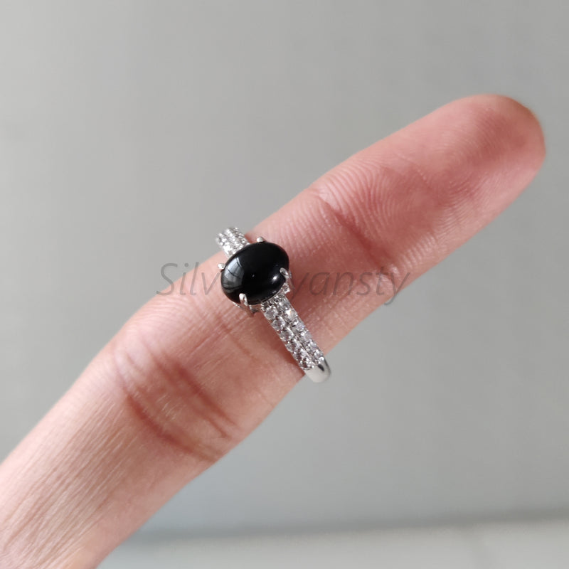 'BIA' Black Onyx and Zircon 925 Solid Sterling Silver Multistone Ring