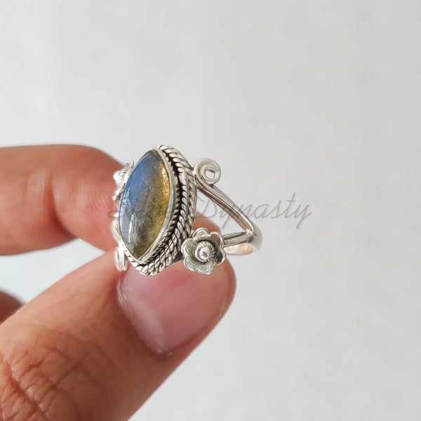 'Modern' Labradorite Solid Sterling Silver Ring Marquise