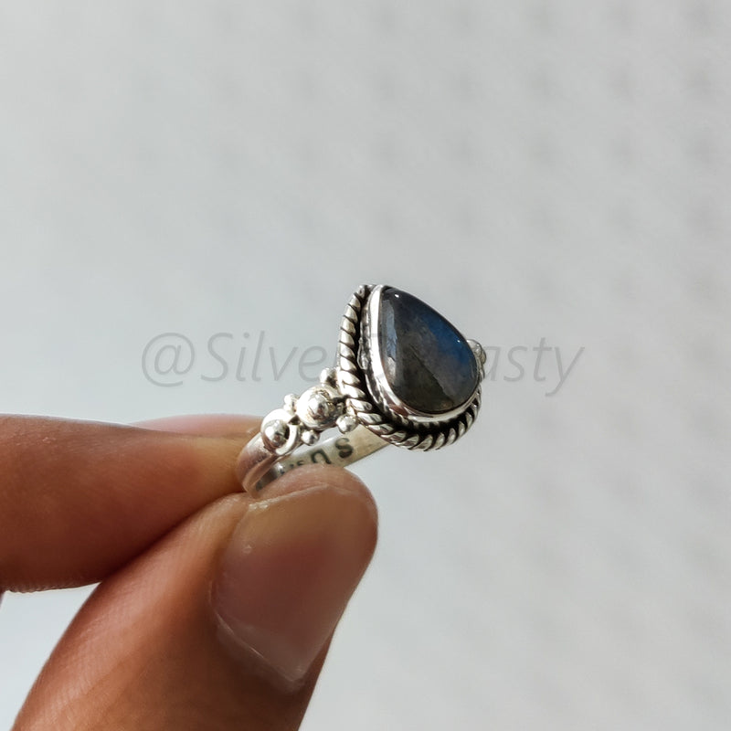 'Modern' Labradorite Solid Sterling Silver Pear Ring