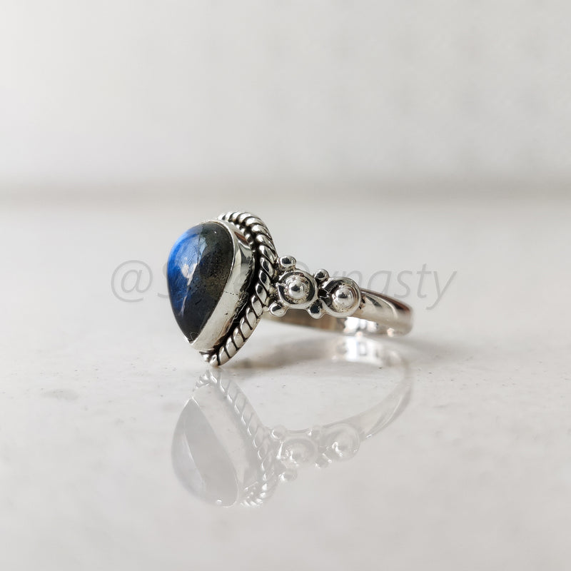 'Modern' Labradorite Solid Sterling Silver Pear Ring