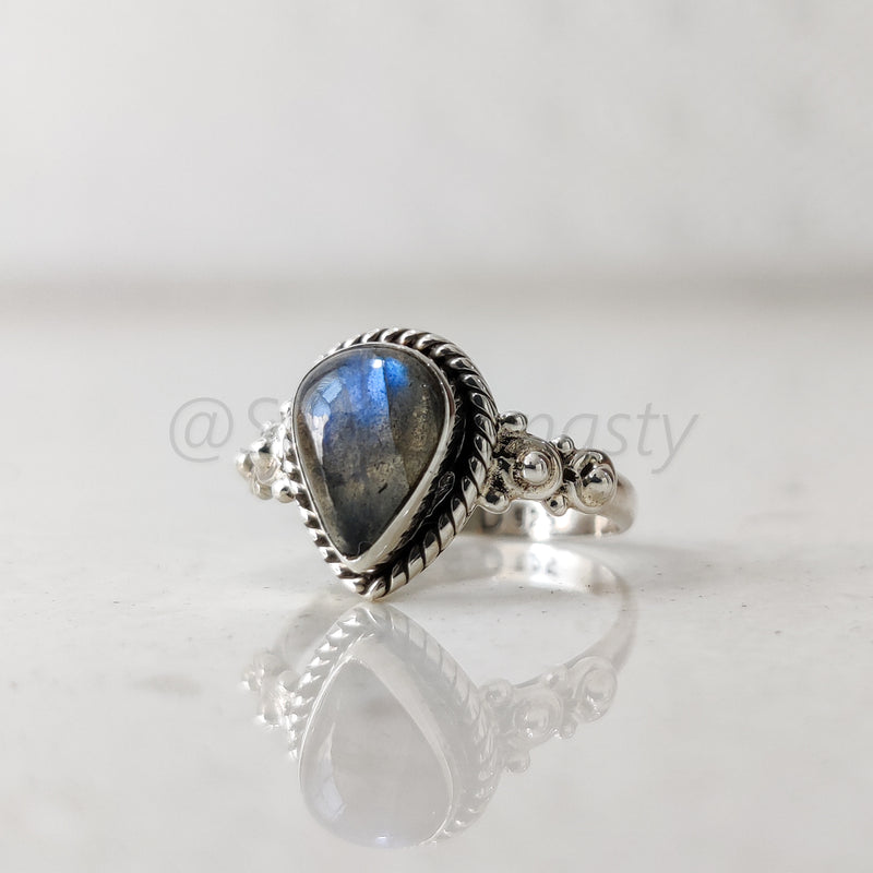 'Modern' Labradorite Solid Sterling Silver Pear Ring