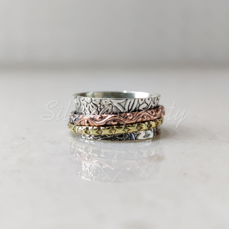 Spinner Ring, 925 Solid Sterling Silver Band, Brass + Copper Spin