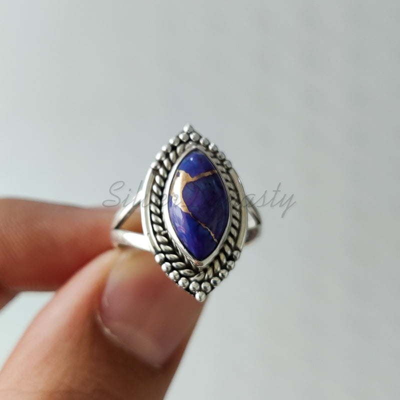 'Boho' Purple Copper Turquoise 925 Solid Sterling Silver Ring