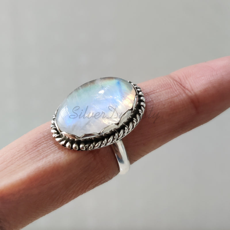 'Big' Natural Rainbow Moonstone 925 Solid Sterling Silver Ring