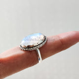 'Big' Natural Rainbow Moonstone 925 Solid Sterling Silver Ring