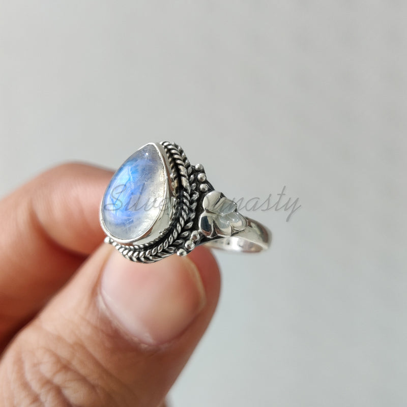 'Statement' Natural Rainbow Moonstone 925 Solid Sterling Silver Ring