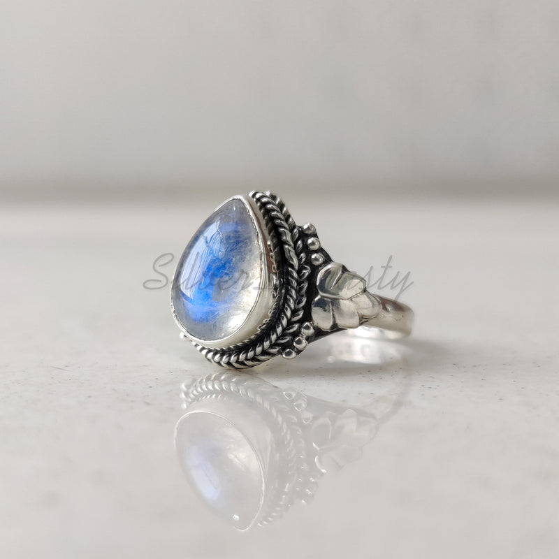 'Statement' Natural Rainbow Moonstone 925 Solid Sterling Silver Ring