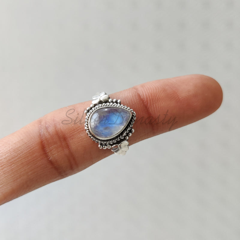 'Statement' Natural Rainbow Moonstone 925 Solid Sterling Silver Ring