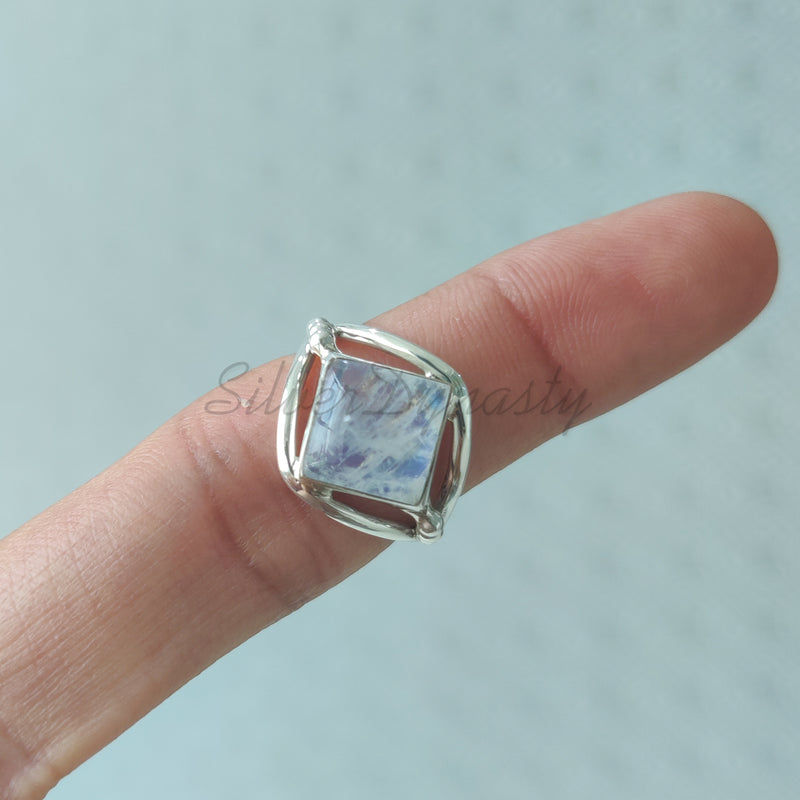 'Designer' Rainbow Moonstone 925 Solid Sterling Silver Ring