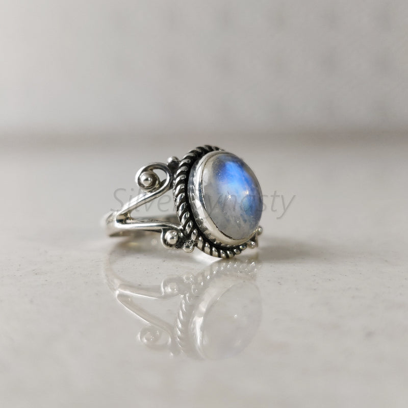 'Designer' Rainbow Moonstone 925 Solid Sterling Silver Ring