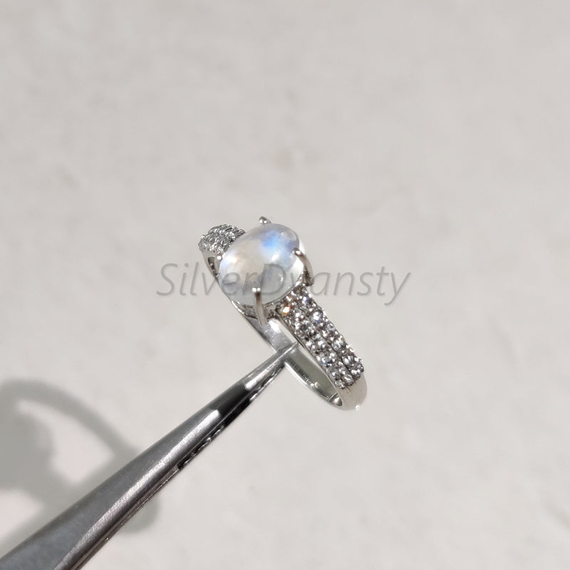 'Designer' Rainbow Moonstone, Zircon 925 Solid Sterling Silver Ring