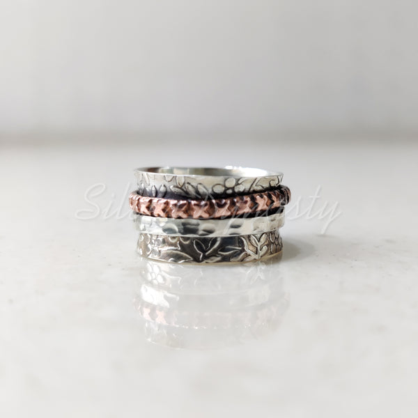 Spinner Ring, 925 Solid Sterling Silver Band, Silver + Copper Spin