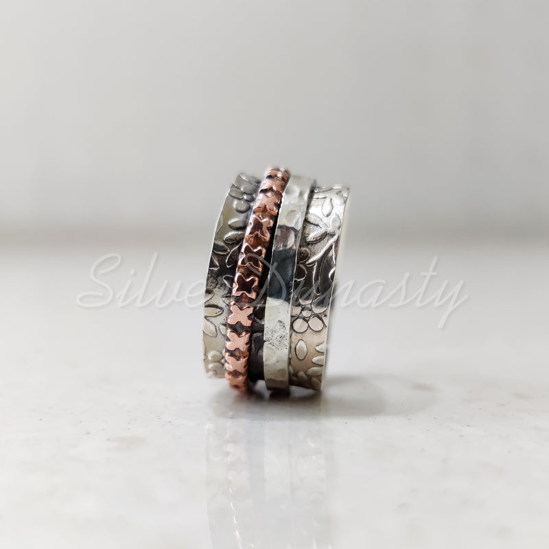 Spinner Ring, 925 Solid Sterling Silver Band, Silver + Copper Spin