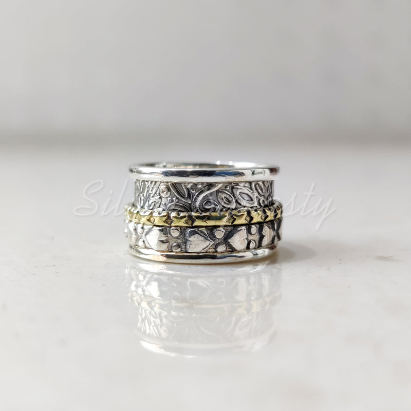 Spinner Ring, 925 Solid Sterling Silver Band, Silver + Brass Spin