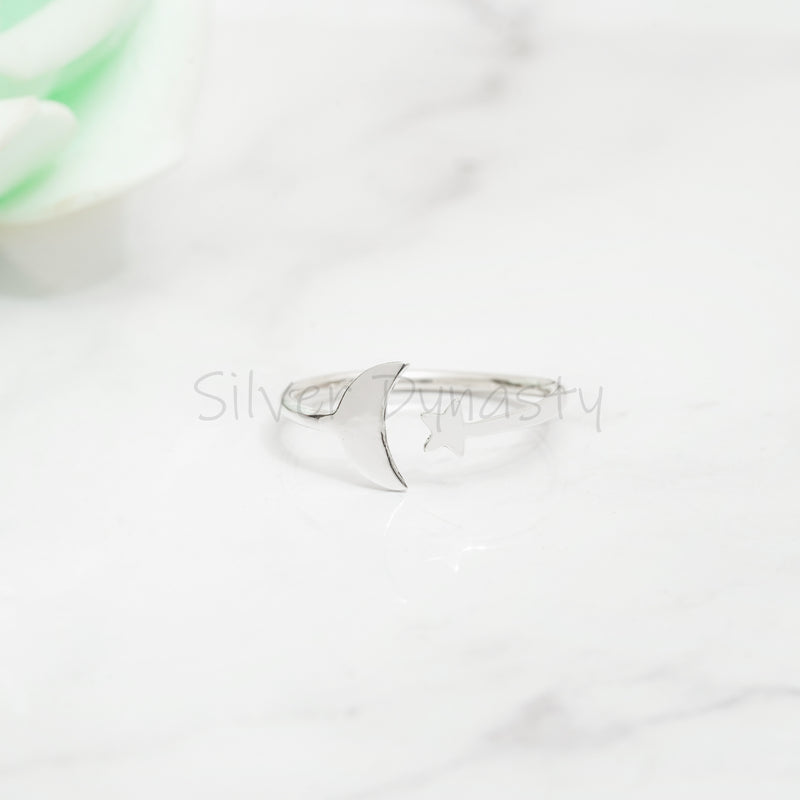 Silver Moon Star Band, 925 Solid Sterling Silver Ring, Simple Band