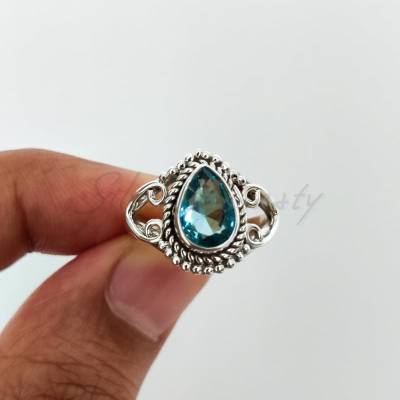 'Boho' Blue Topaz 925 Solid Sterling Silver Designer Ring