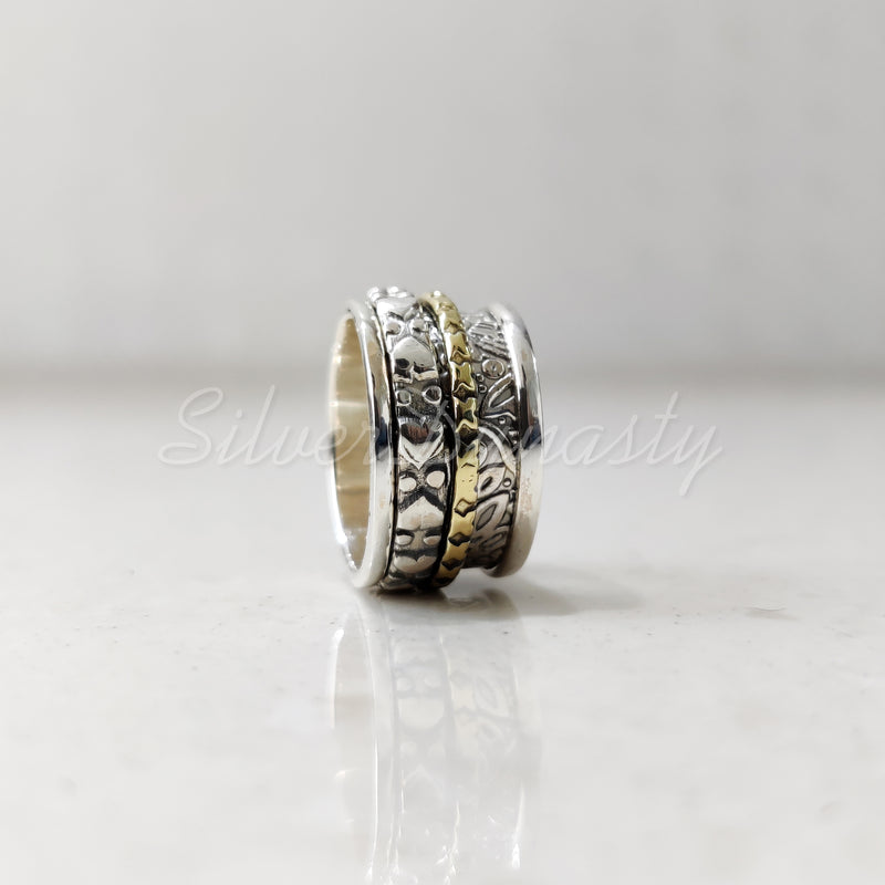 Spinner Ring, 925 Solid Sterling Silver Band, Silver + Brass Spin