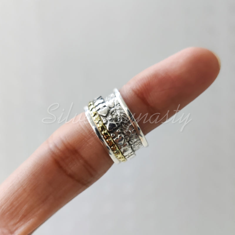 Spinner Ring, 925 Solid Sterling Silver Band, Silver + Brass Spin