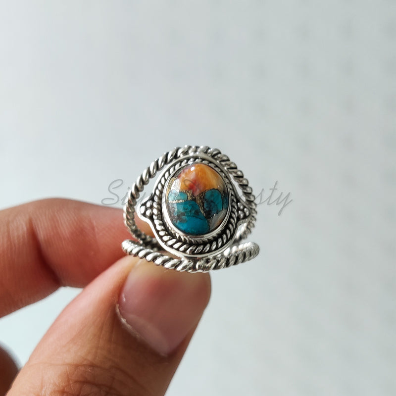 'Designer' Oyster Copper Turquoise 925 Solid Sterling Silver Ring