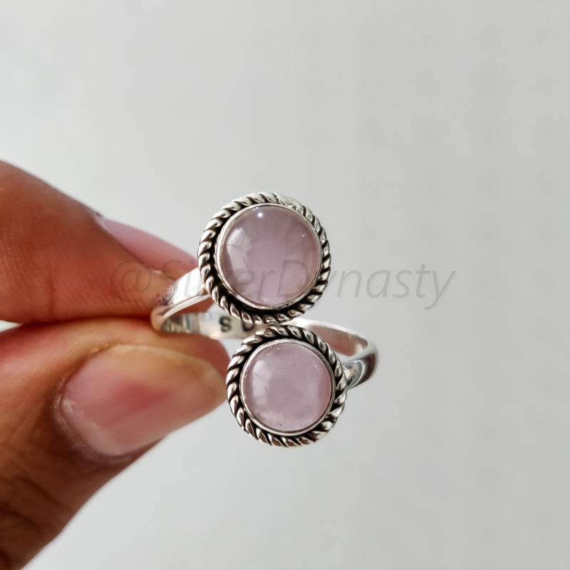 Rose Quartz Ring 925 Solid Sterling Silver Double Stone Ring