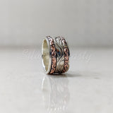 Spinner Ring, 925 Solid Sterling Silver Band, Silver + 2 Copper Spin