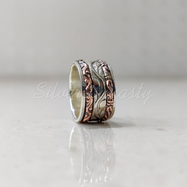 Spinner Ring, 925 Solid Sterling Silver Band, Silver + 2 Copper Spin